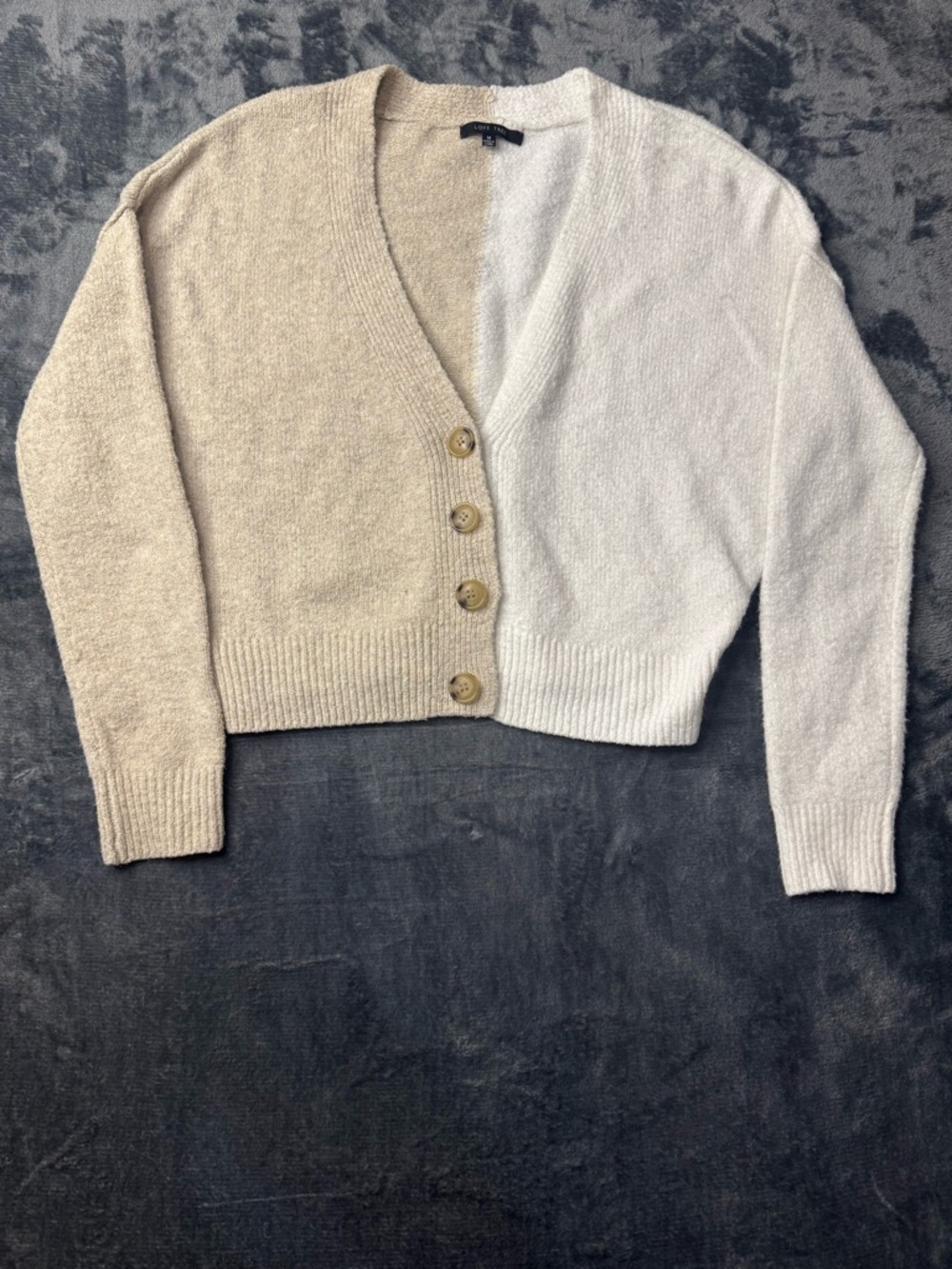 Love Tree Colorblock Cropped V-Neck Cardigan - Beige & White